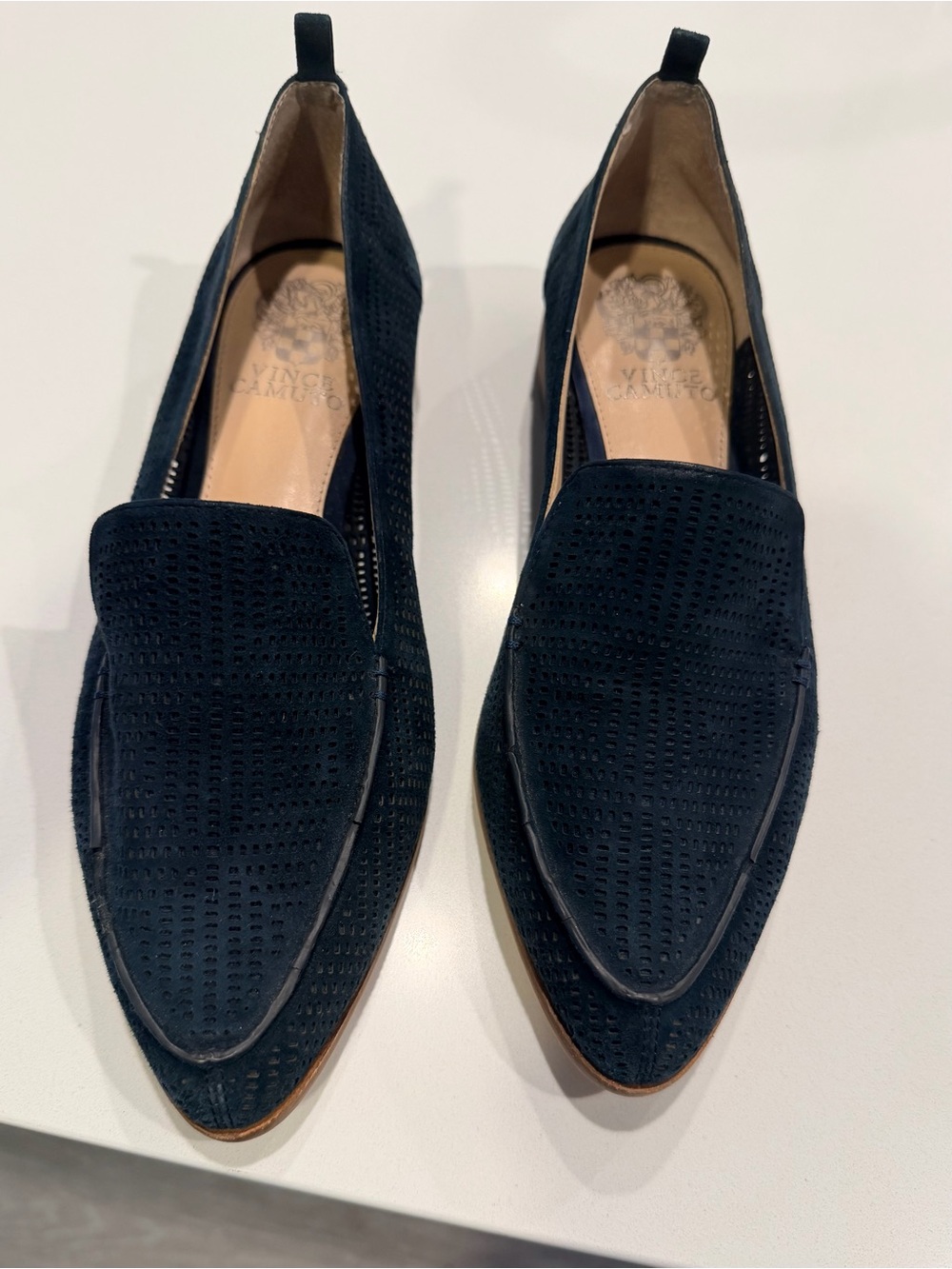Vince Camuto Navy Perforated Suede Pointed Loafers